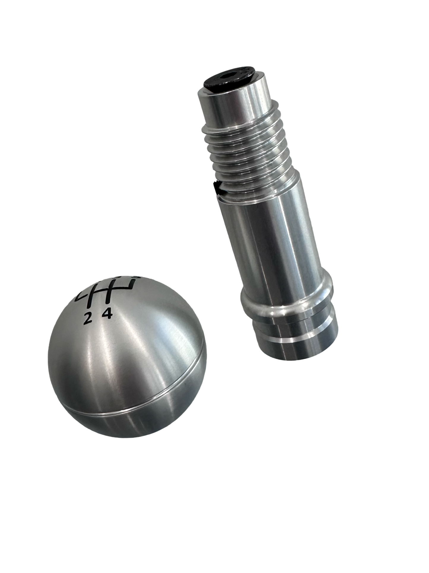 Stunning 2 piece 5-speed aluminum gear shifter knob accented with sleek black numerical markings.