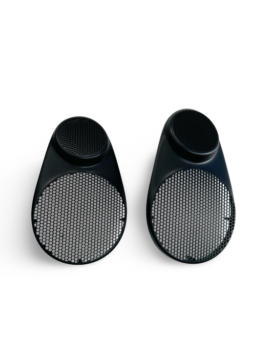 993 Black Anodized Aluminum Front Speaker Covers. Bespoke item, only one set available.